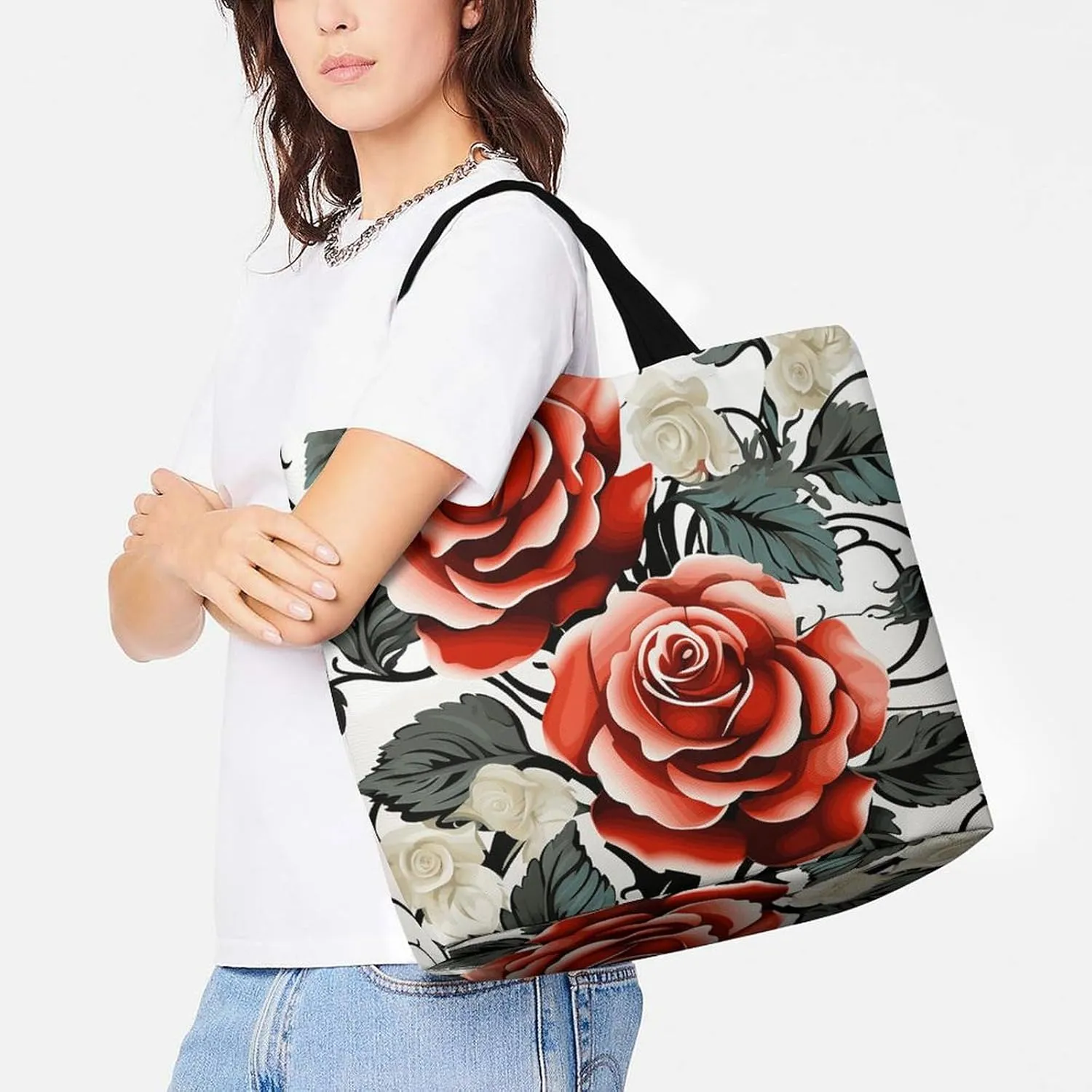 Grocery Bag Reusable Tote Bag Foldable Floral Print Shopping Bag Handbag Washable Shoulder Bag for Travel