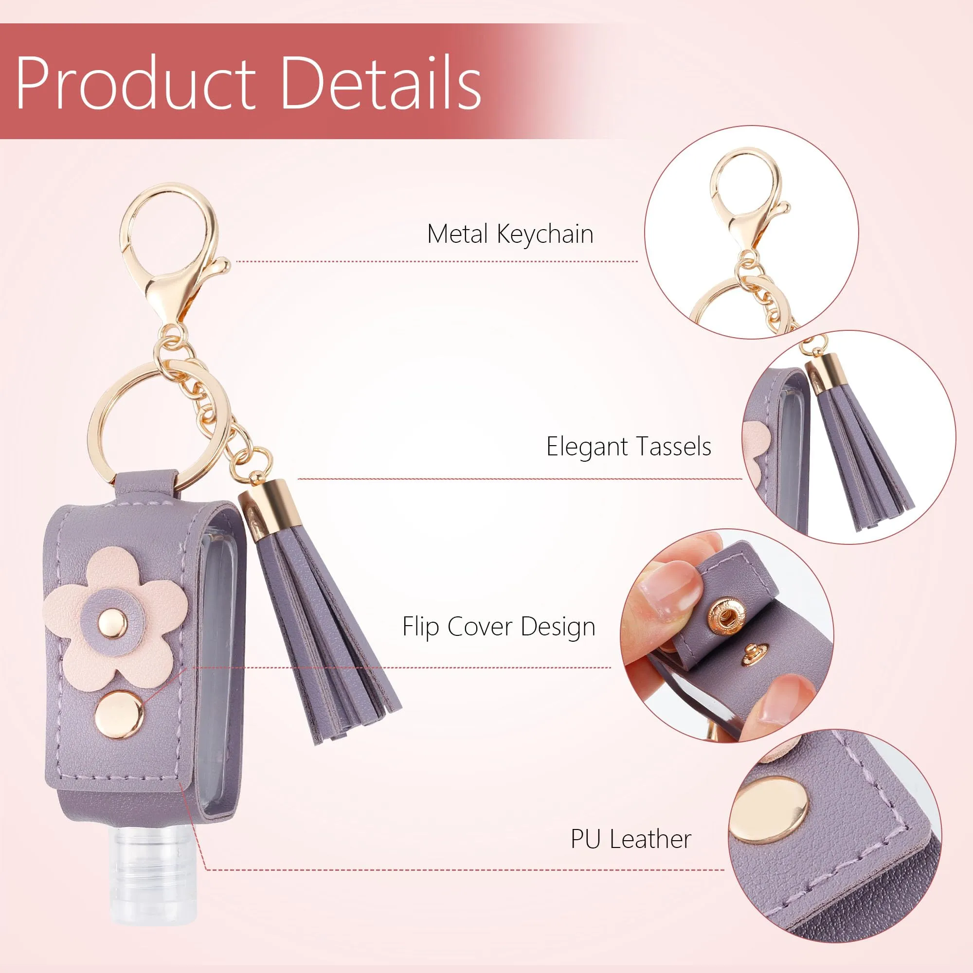 GTILE 4Pcs Hand Sanitizer Keychain, Portable Leather Empty Bottles, 30ml Squeeze Bottle Refillable Containers, Cute Hand Sanitizer for Toiletry Lotion Liquid Soap Shampoo (Pink, Blue, Purple, Yellow)