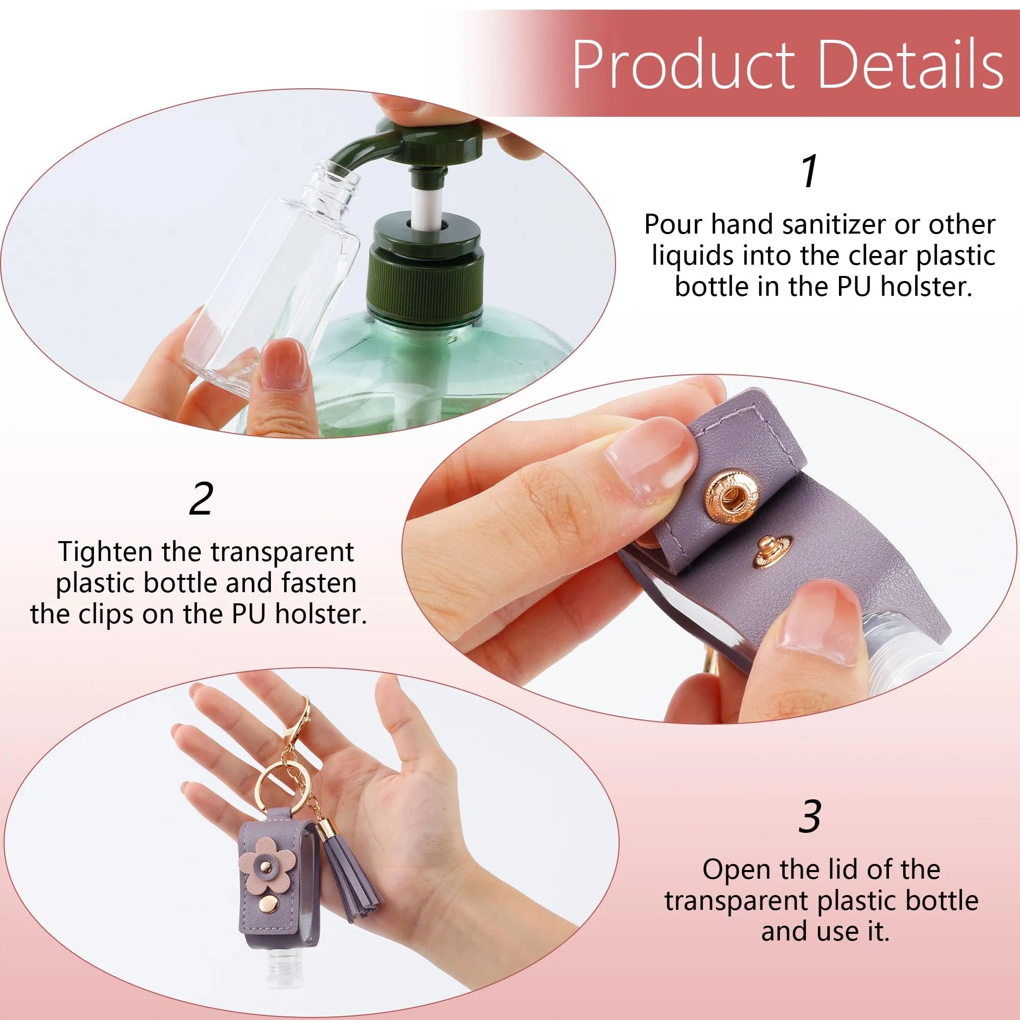 GTILE 4Pcs Hand Sanitizer Keychain, Portable Leather Empty Bottles, 30ml Squeeze Bottle Refillable Containers, Cute Hand Sanitizer for Toiletry Lotion Liquid Soap Shampoo (Pink, Blue, Purple, Yellow)