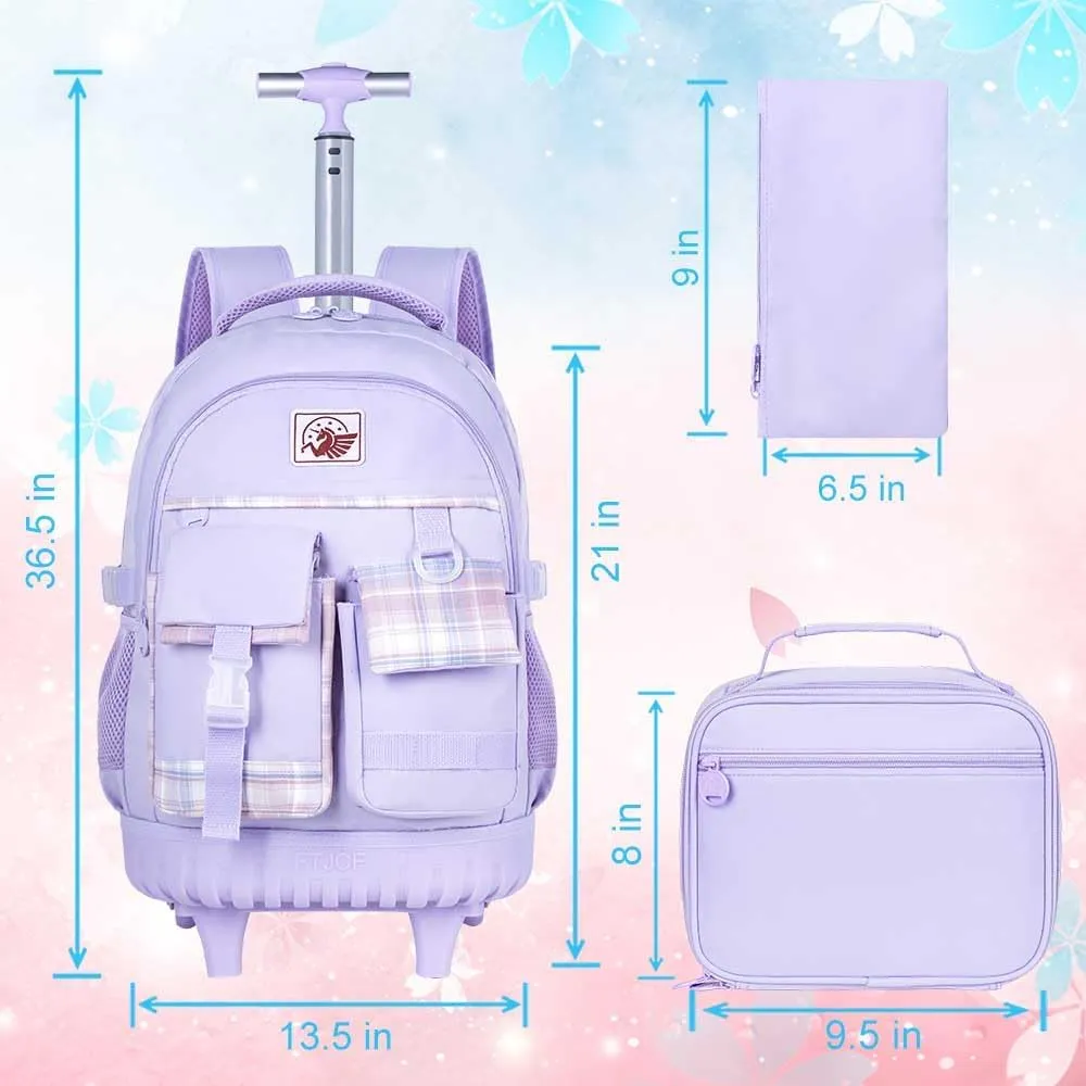 gxtvo 3PCS Girls Rolling Backpack, Women Roller Bookbag with Lunch Box for Adults, Water Resistant Wheeled School Bag for College Teens Kids Travel - Purple
