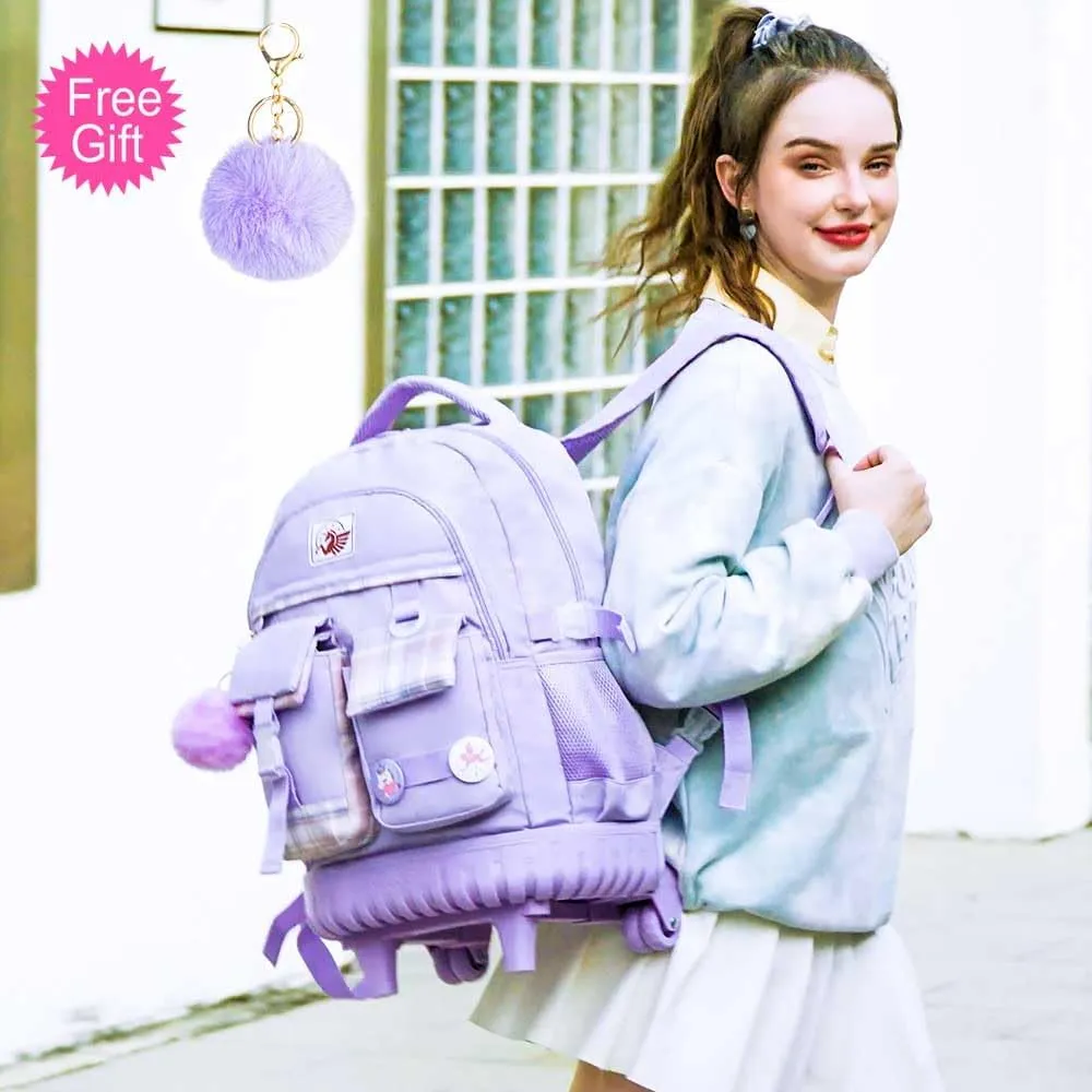 gxtvo 3PCS Girls Rolling Backpack, Women Roller Bookbag with Lunch Box for Adults, Water Resistant Wheeled School Bag for College Teens Kids Travel - Purple