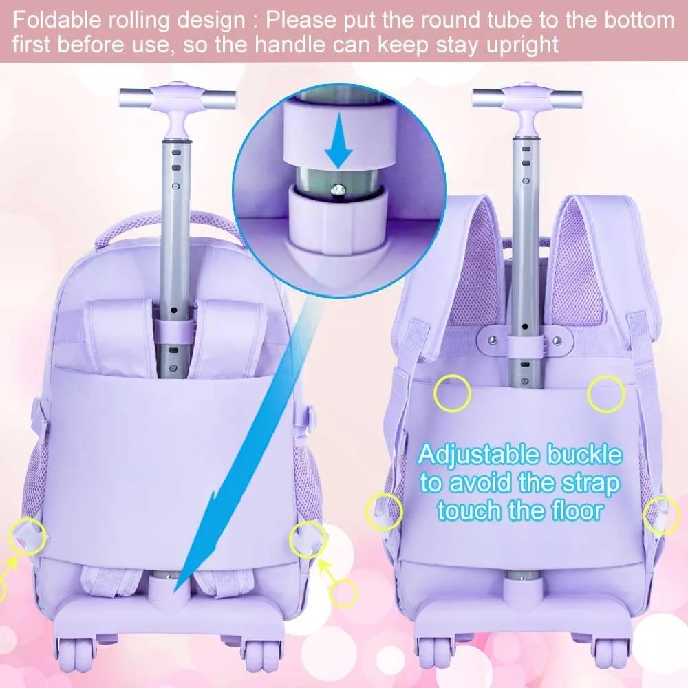gxtvo 3PCS Girls Rolling Backpack, Women Roller Bookbag with Lunch Box for Adults, Water Resistant Wheeled School Bag for College Teens Kids Travel - Purple