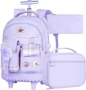 gxtvo 3PCS Girls Rolling Backpack, Women Roller Bookbag with Lunch Box for Adults, Water Resistant Wheeled School Bag for College Teens Kids Travel - Purple