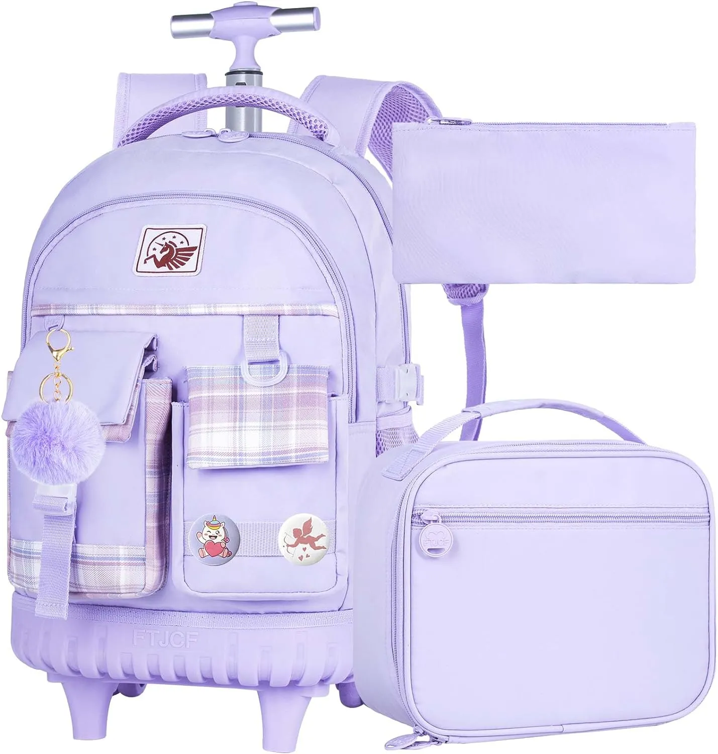 gxtvo 3PCS Girls Rolling Backpack, Women Roller Bookbag with Lunch Box for Adults, Water Resistant Wheeled School Bag for College Teens Kids Travel - Purple
