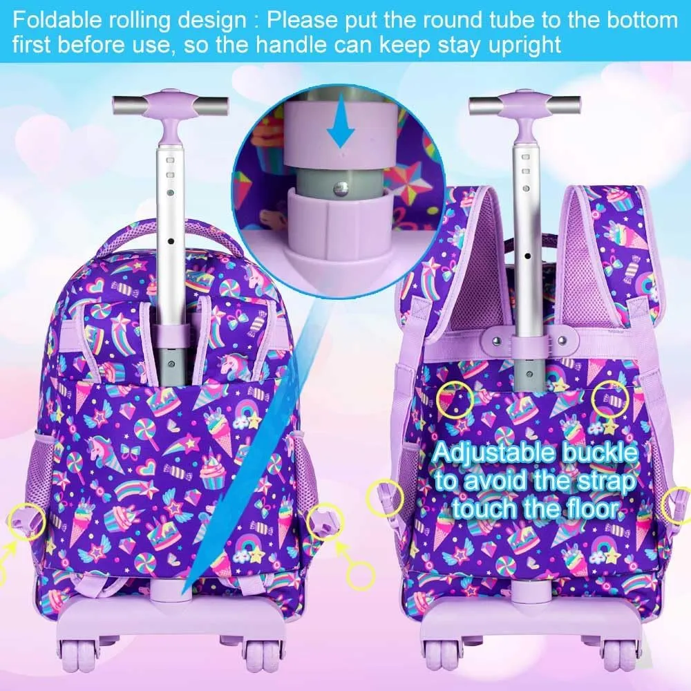 gxtvo 3PCS Kids Rolling Backpack for Girls,Cute School Bag with Wheels,Water Resistant Roller Bookbag Set for Elementary Preschool - Purple Unicorn