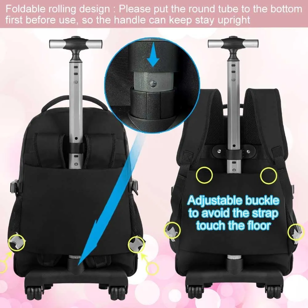 gxtvo 3PCS Rolling Backpack for Women, Girls Wheeled Bookbag with Lunch Box for Adults, Water Resistant Roller School Bag for College Teens Kids Travel - Black
