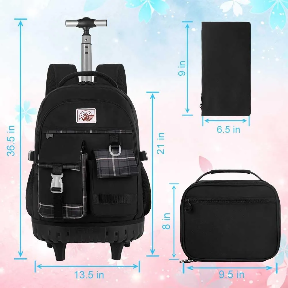gxtvo 3PCS Rolling Backpack for Women, Girls Wheeled Bookbag with Lunch Box for Adults, Water Resistant Roller School Bag for College Teens Kids Travel - Black
