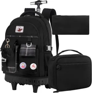gxtvo 3PCS Rolling Backpack for Women, Girls Wheeled Bookbag with Lunch Box for Adults, Water Resistant Roller School Bag for College Teens Kids Travel - Black