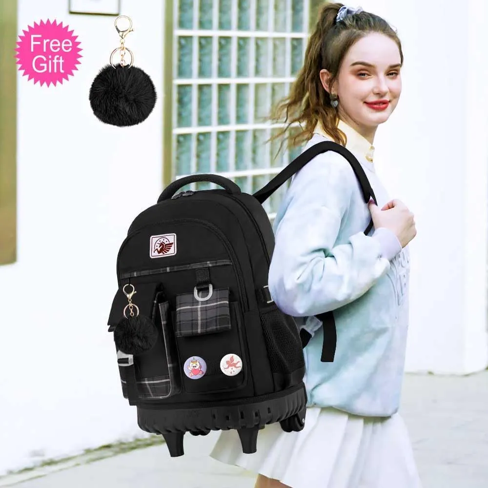 gxtvo 3PCS Rolling Backpack for Women, Girls Wheeled Bookbag with Lunch Box for Adults, Water Resistant Roller School Bag for College Teens Kids Travel - Black