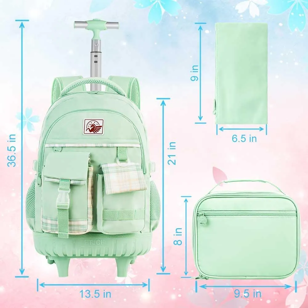 gxtvo 3PCS Womens Rolling Backpack for Girls, Wheeled Bookbag with Lunch Box for Adults, Water Resistant Roller School Bag for College Teens Kids Travel - Green