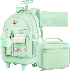 gxtvo 3PCS Womens Rolling Backpack for Girls, Wheeled Bookbag with Lunch Box for Adults, Water Resistant Roller School Bag for College Teens Kids Travel - Green