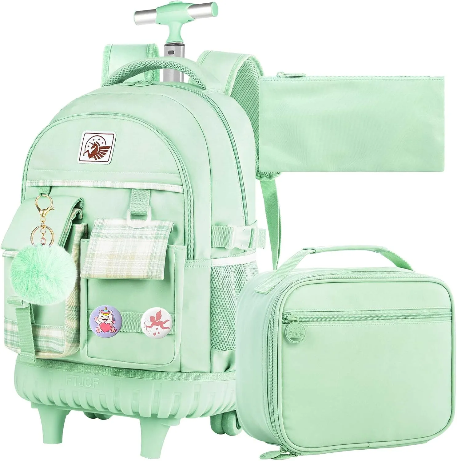 gxtvo 3PCS Womens Rolling Backpack for Girls, Wheeled Bookbag with Lunch Box for Adults, Water Resistant Roller School Bag for College Teens Kids Travel - Green