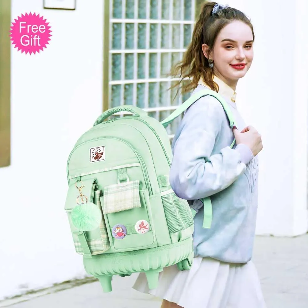 gxtvo 3PCS Womens Rolling Backpack for Girls, Wheeled Bookbag with Lunch Box for Adults, Water Resistant Roller School Bag for College Teens Kids Travel - Green