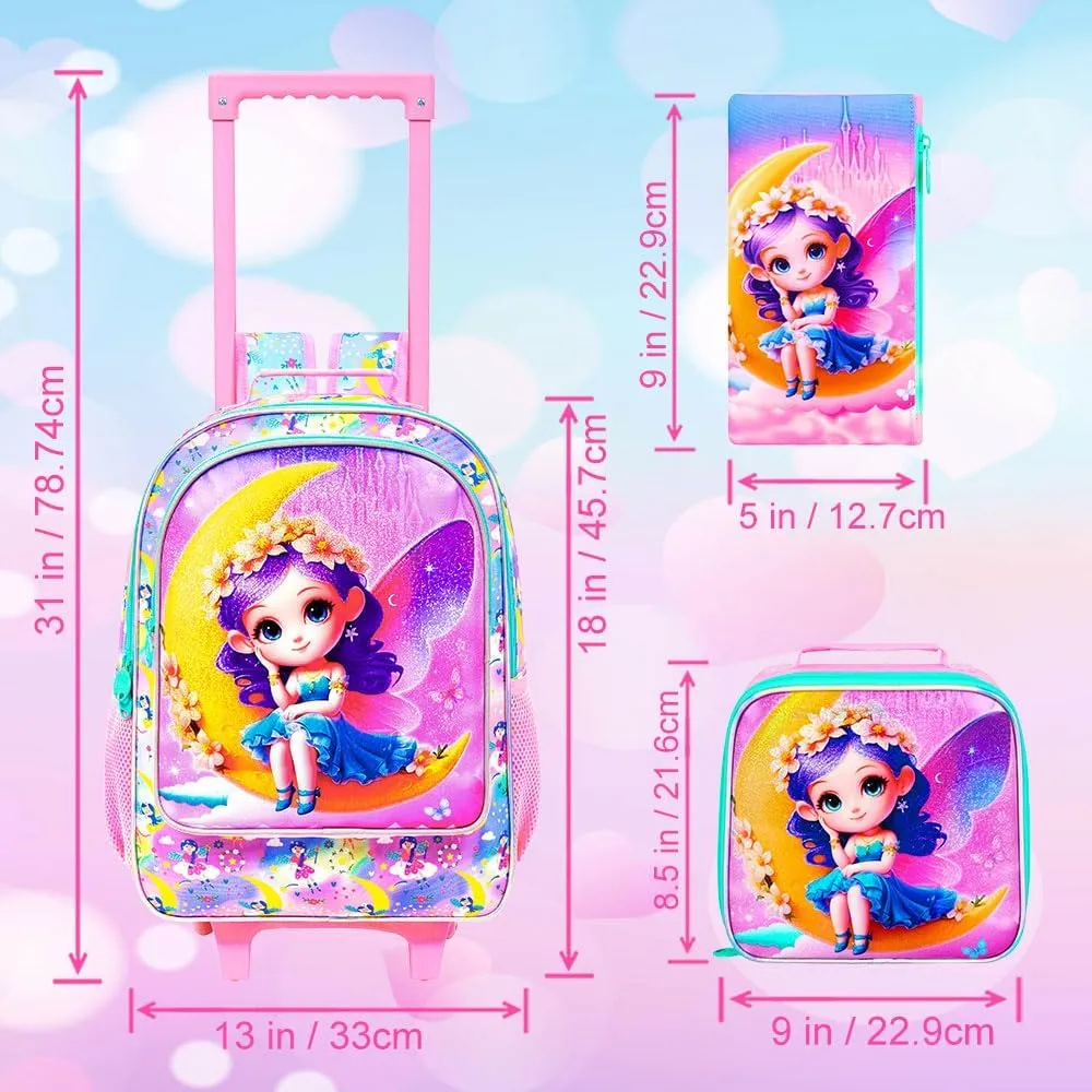 gxtvo Girls Rolling Backpack, Cute Moon Fairy Roller Wheels Kids Bookbag - Wheeled Elementary School Bag - 3PCS Moon Fairy