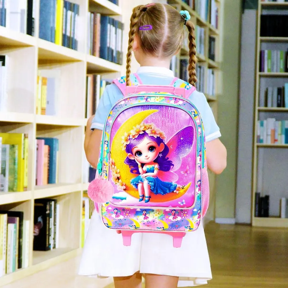 gxtvo Girls Rolling Backpack, Cute Moon Fairy Roller Wheels Kids Bookbag - Wheeled Elementary School Bag - 3PCS Moon Fairy