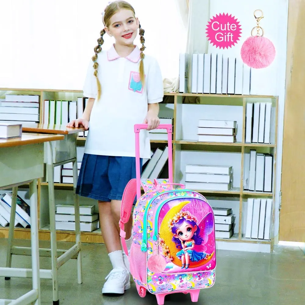 gxtvo Girls Rolling Backpack, Cute Moon Fairy Roller Wheels Kids Bookbag - Wheeled Elementary School Bag - 3PCS Moon Fairy