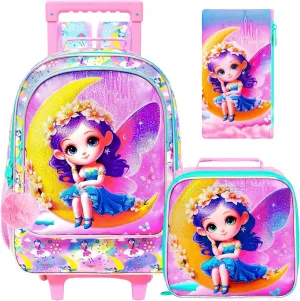 gxtvo Girls Rolling Backpack, Cute Moon Fairy Roller Wheels Kids Bookbag - Wheeled Elementary School Bag - 3PCS Moon Fairy