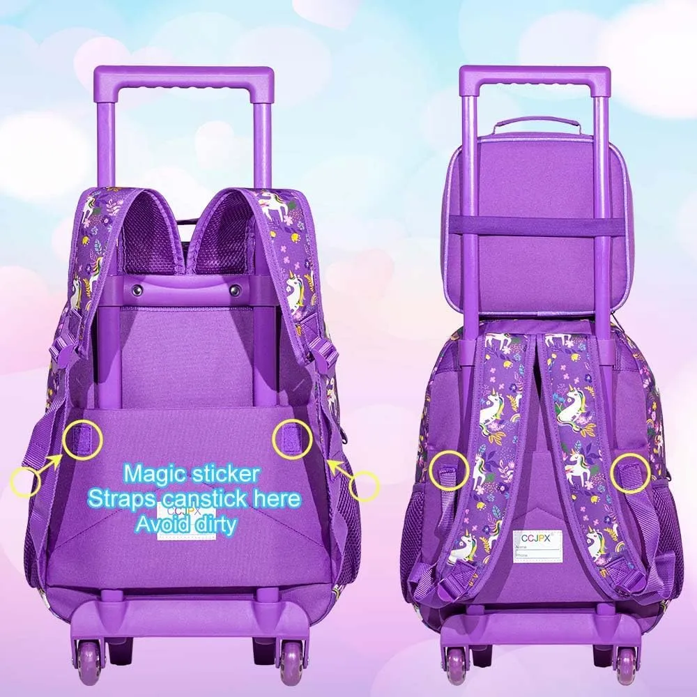 gxtvo Kids Rolling Backpack for Girls, Roller Wheels Bookbag - Wheeled Elementary Sequin School Bag - 3PCS Unicorn Purple