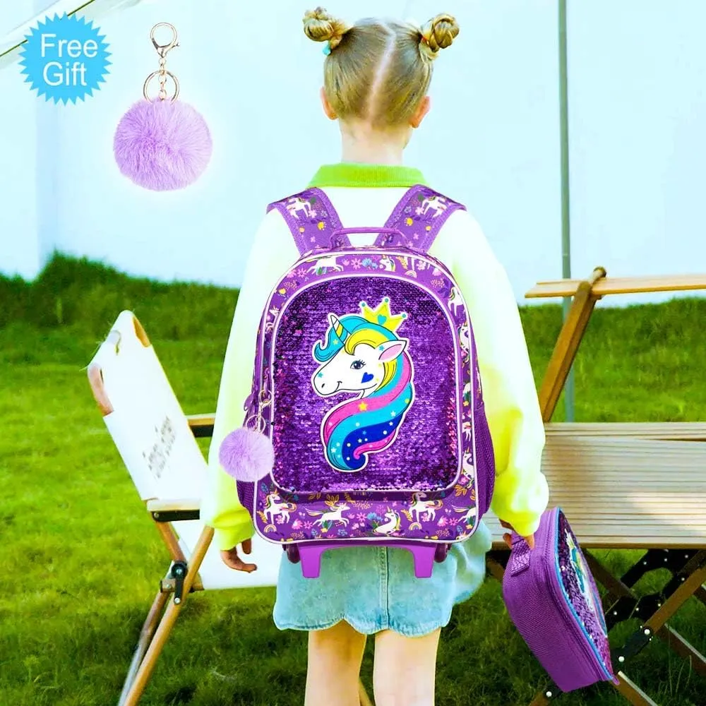 gxtvo Kids Rolling Backpack for Girls, Roller Wheels Bookbag - Wheeled Elementary Sequin School Bag - 3PCS Unicorn Purple