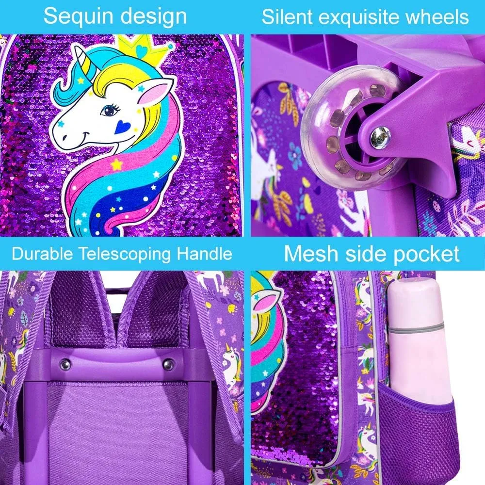 gxtvo Kids Rolling Backpack for Girls, Roller Wheels Bookbag - Wheeled Elementary Sequin School Bag - 3PCS Unicorn Purple