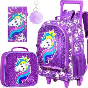 gxtvo Kids Rolling Backpack for Girls, Roller Wheels Bookbag - Wheeled Elementary Sequin School Bag - 3PCS Unicorn Purple
