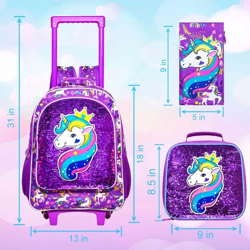 gxtvo Kids Rolling Backpack for Girls, Roller Wheels Bookbag - Wheeled Elementary Sequin School Bag - 3PCS Unicorn Purple
