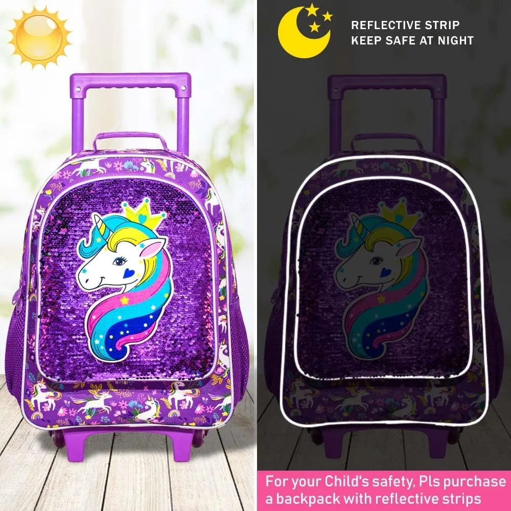 gxtvo Kids Rolling Backpack for Girls, Roller Wheels Bookbag - Wheeled Elementary Sequin School Bag - 3PCS Unicorn Purple
