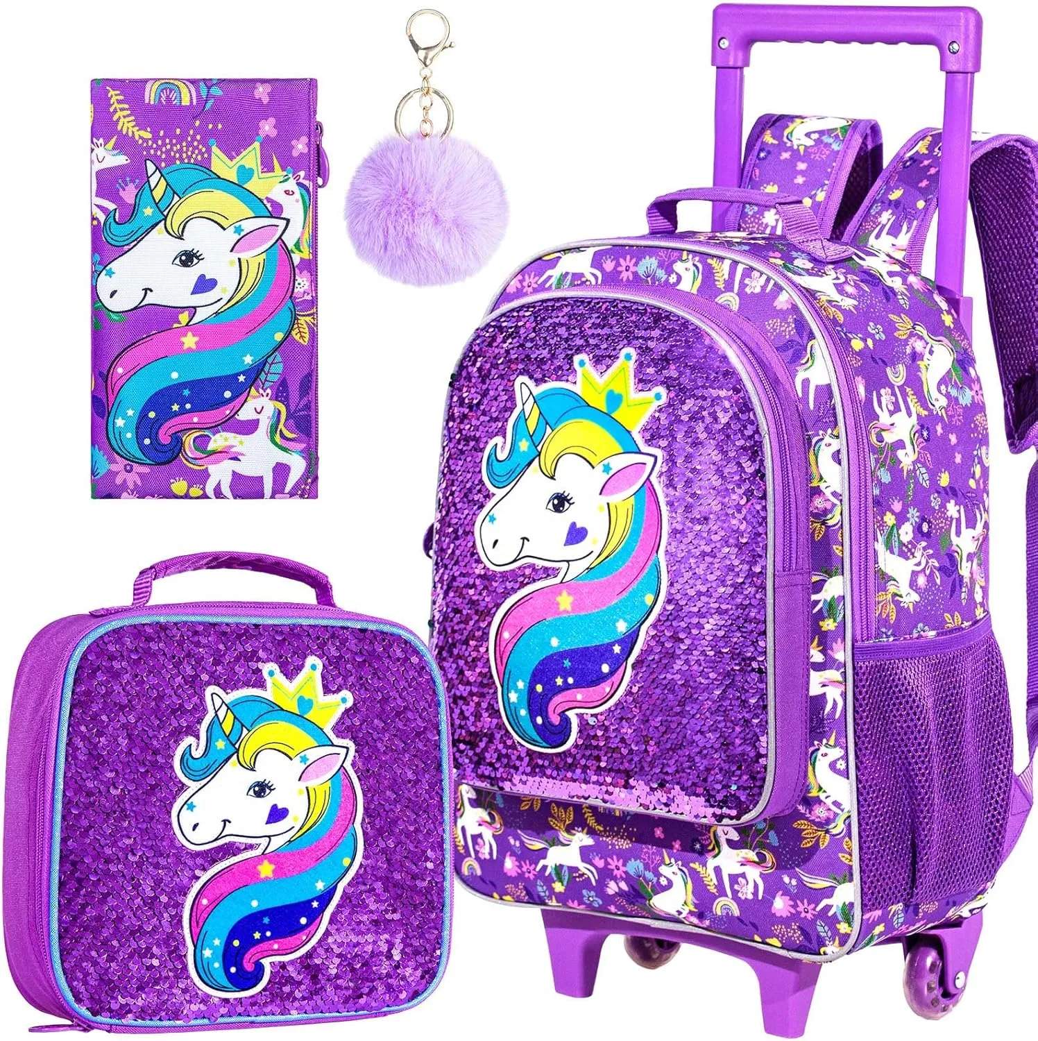 gxtvo Kids Rolling Backpack for Girls, Roller Wheels Bookbag - Wheeled Elementary Sequin School Bag - 3PCS Unicorn Purple