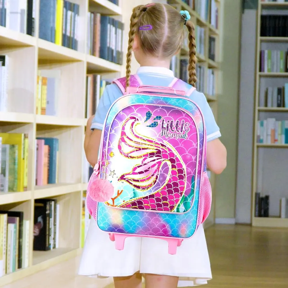 gxtvo Mermaid Rolling Backpack for Girls, Roller Wheels Kids Bookbag - Wheeled Elementary School Bag - 3PCS Mermaid