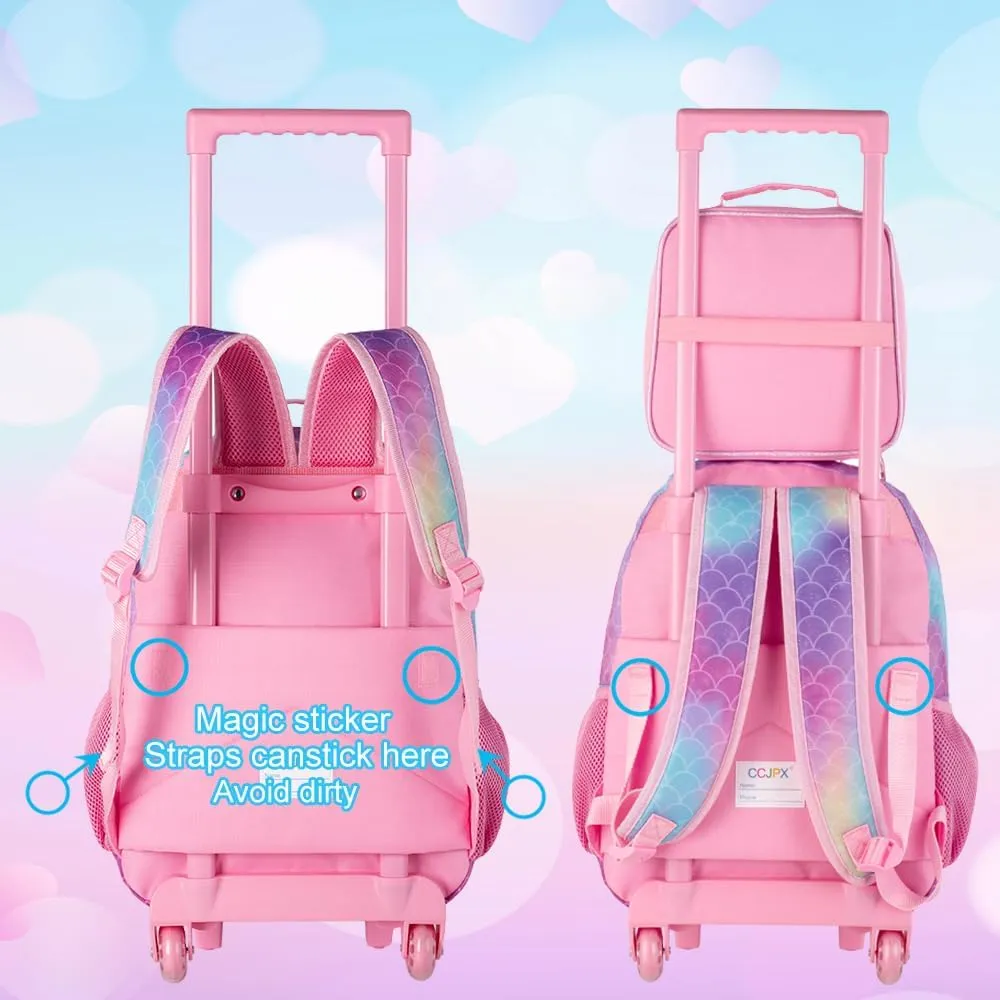 gxtvo Mermaid Rolling Backpack for Girls, Roller Wheels Kids Bookbag - Wheeled Elementary School Bag - 3PCS Mermaid