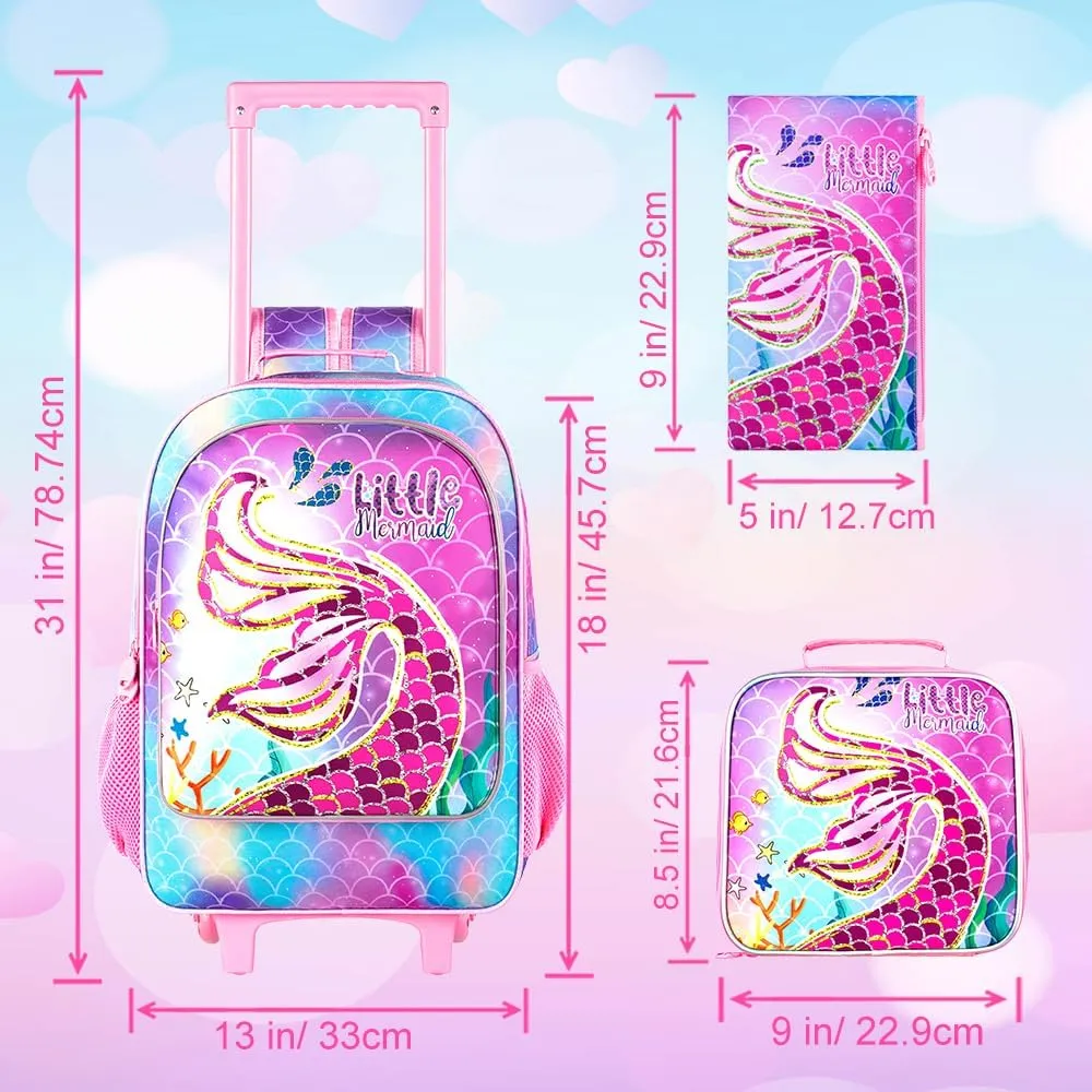 gxtvo Mermaid Rolling Backpack for Girls, Roller Wheels Kids Bookbag - Wheeled Elementary School Bag - 3PCS Mermaid