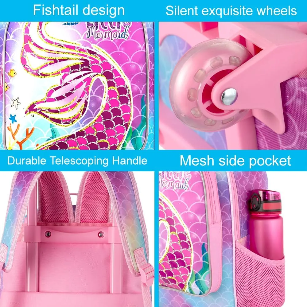 gxtvo Mermaid Rolling Backpack for Girls, Roller Wheels Kids Bookbag - Wheeled Elementary School Bag - 3PCS Mermaid