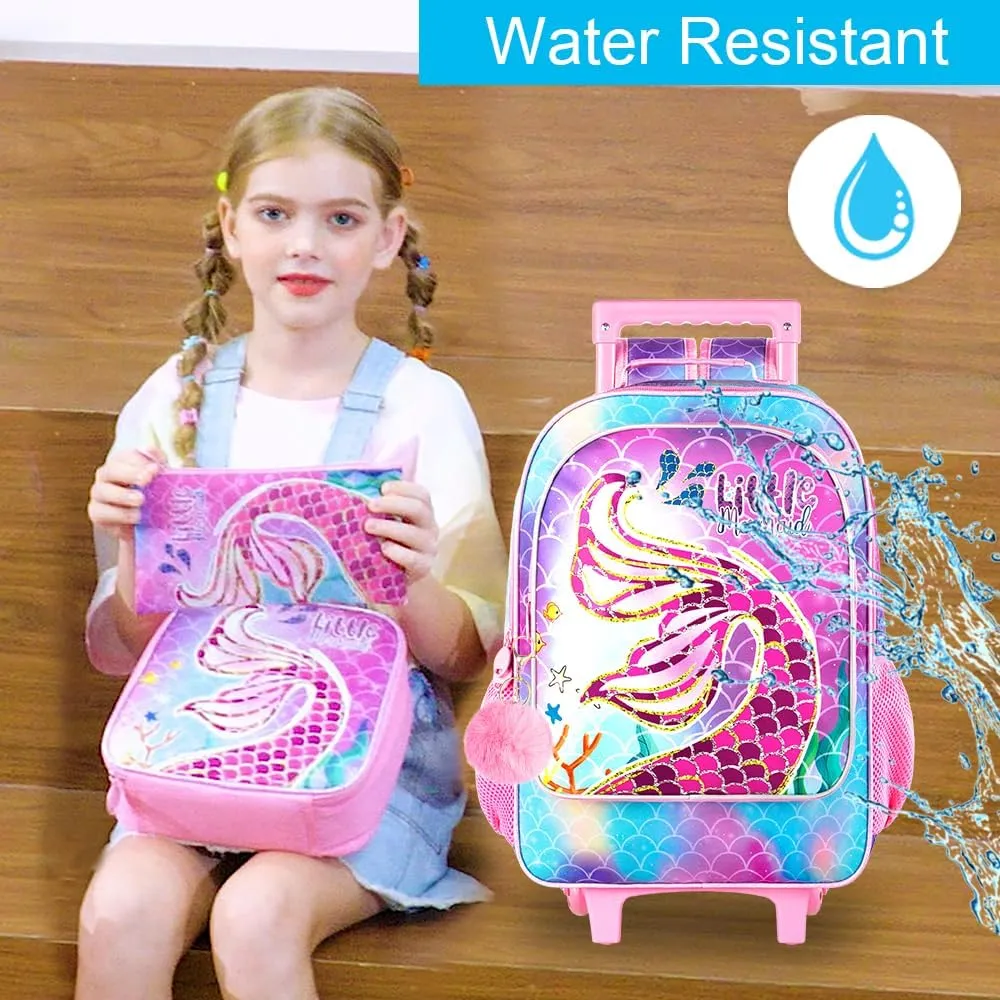 gxtvo Mermaid Rolling Backpack for Girls, Roller Wheels Kids Bookbag - Wheeled Elementary School Bag - 3PCS Mermaid