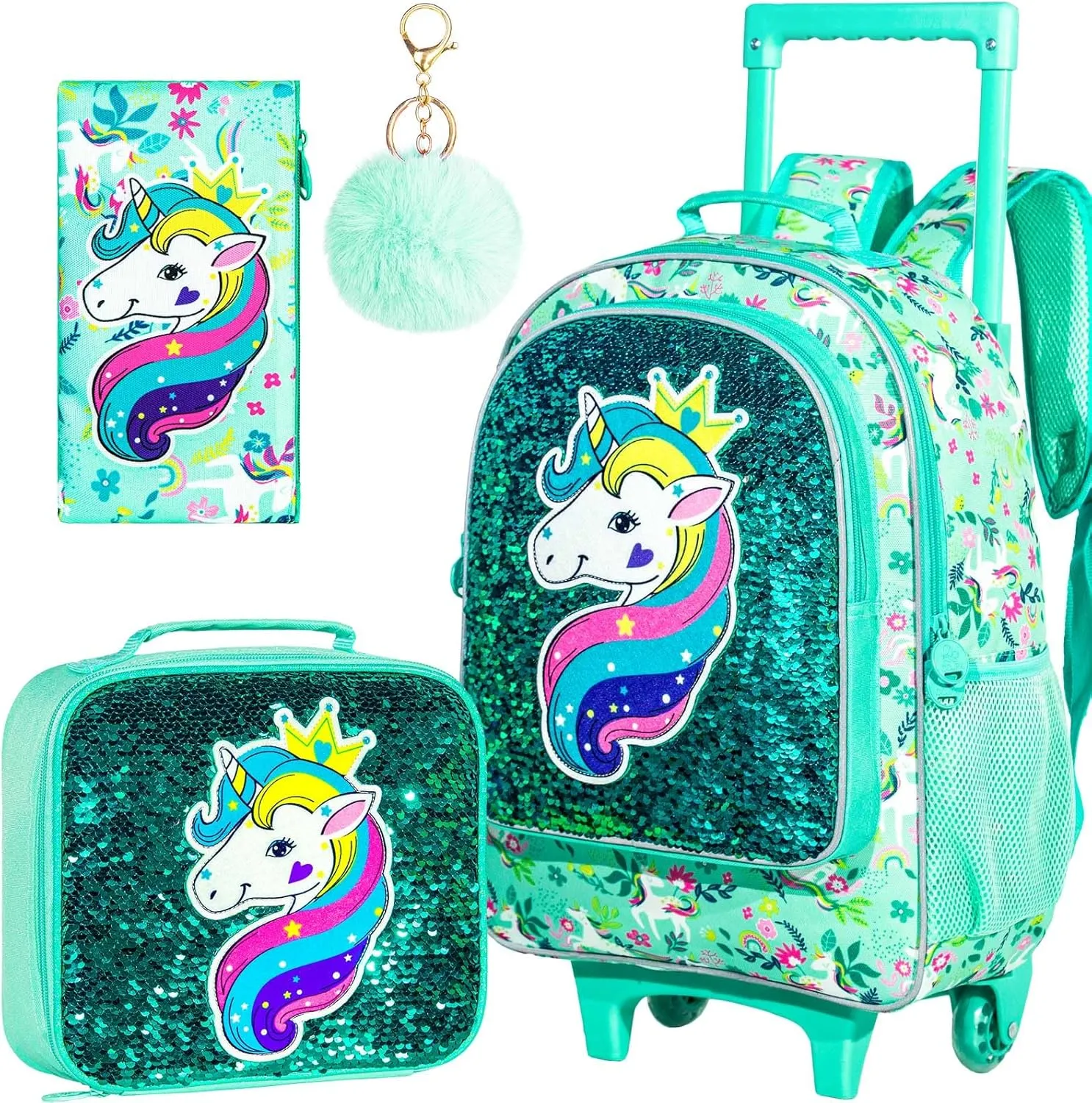 gxtvo Rolling Backpack for Girls, Kids Roller Wheels Bookbag - Roller Elementary Sequin School Bag - 3PCS Unicorn Green