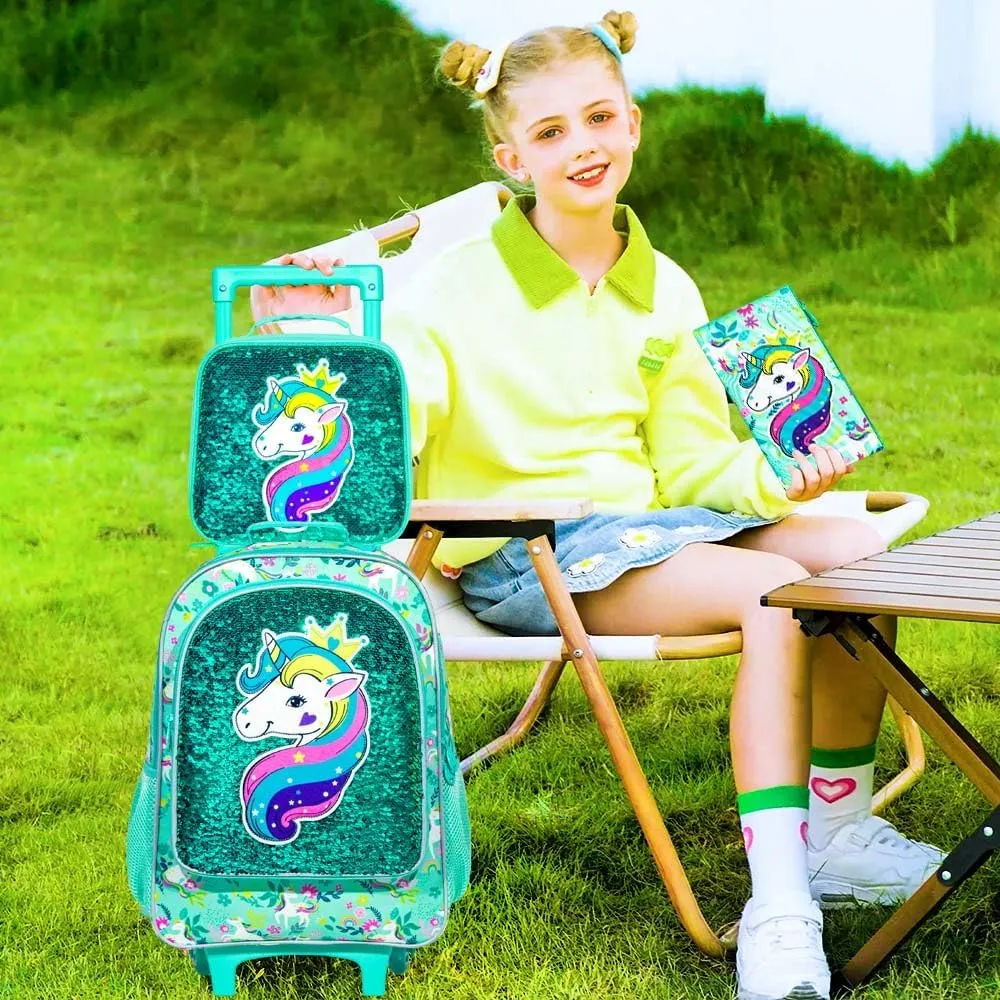 gxtvo Rolling Backpack for Girls, Kids Roller Wheels Bookbag - Roller Elementary Sequin School Bag - 3PCS Unicorn Green