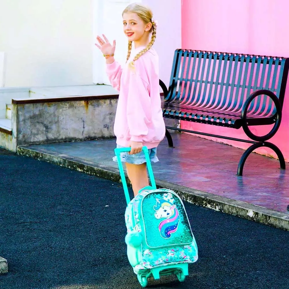 gxtvo Rolling Backpack for Girls, Kids Roller Wheels Bookbag - Roller Elementary Sequin School Bag - 3PCS Unicorn Green