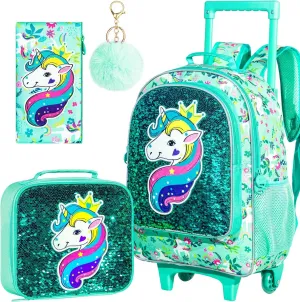 gxtvo Rolling Backpack for Girls, Kids Roller Wheels Bookbag - Roller Elementary Sequin School Bag - 3PCS Unicorn Green