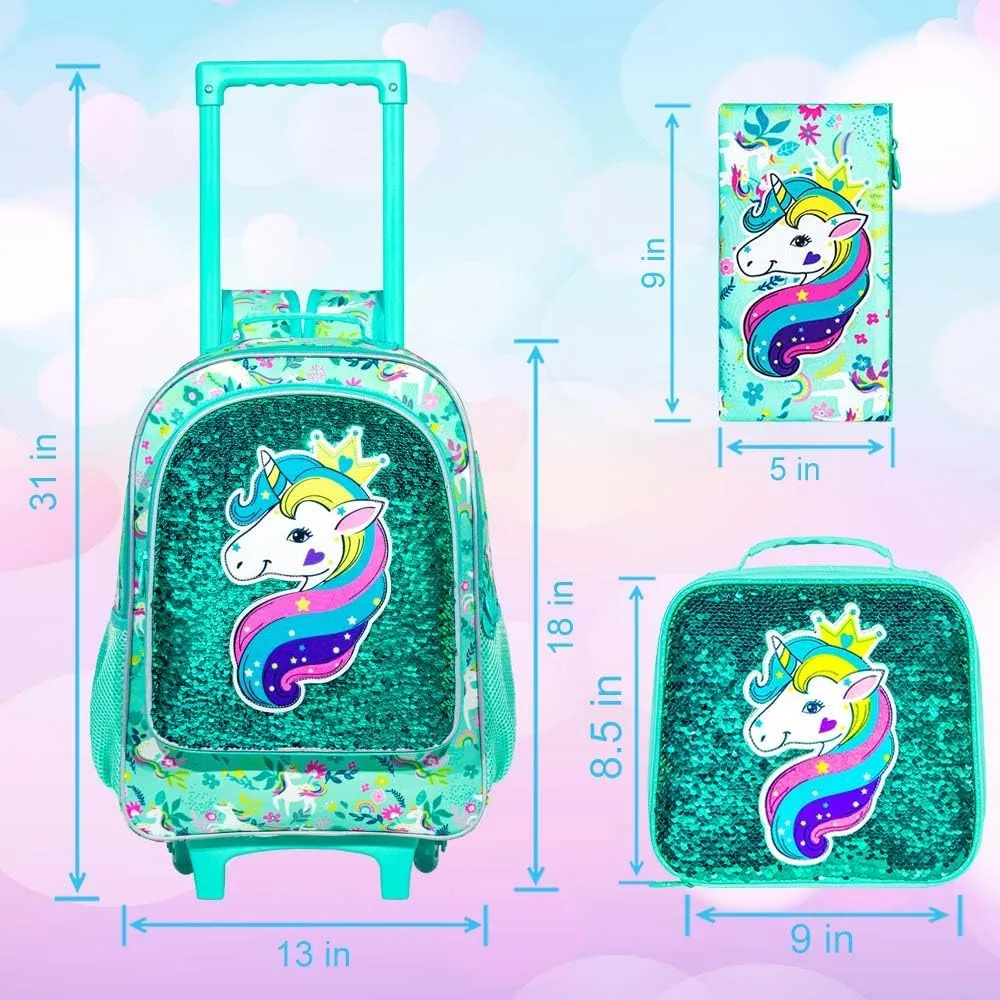 gxtvo Rolling Backpack for Girls, Kids Roller Wheels Bookbag - Roller Elementary Sequin School Bag - 3PCS Unicorn Green