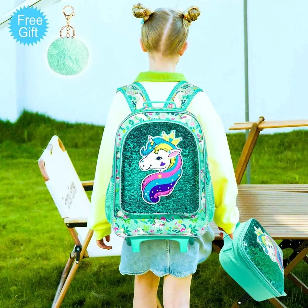 gxtvo Rolling Backpack for Girls, Kids Roller Wheels Bookbag - Roller Elementary Sequin School Bag - 3PCS Unicorn Green