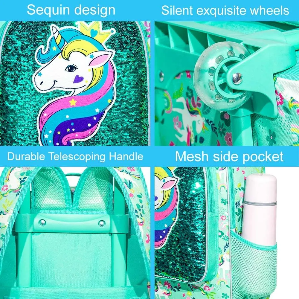 gxtvo Rolling Backpack for Girls, Kids Roller Wheels Bookbag - Roller Elementary Sequin School Bag - 3PCS Unicorn Green
