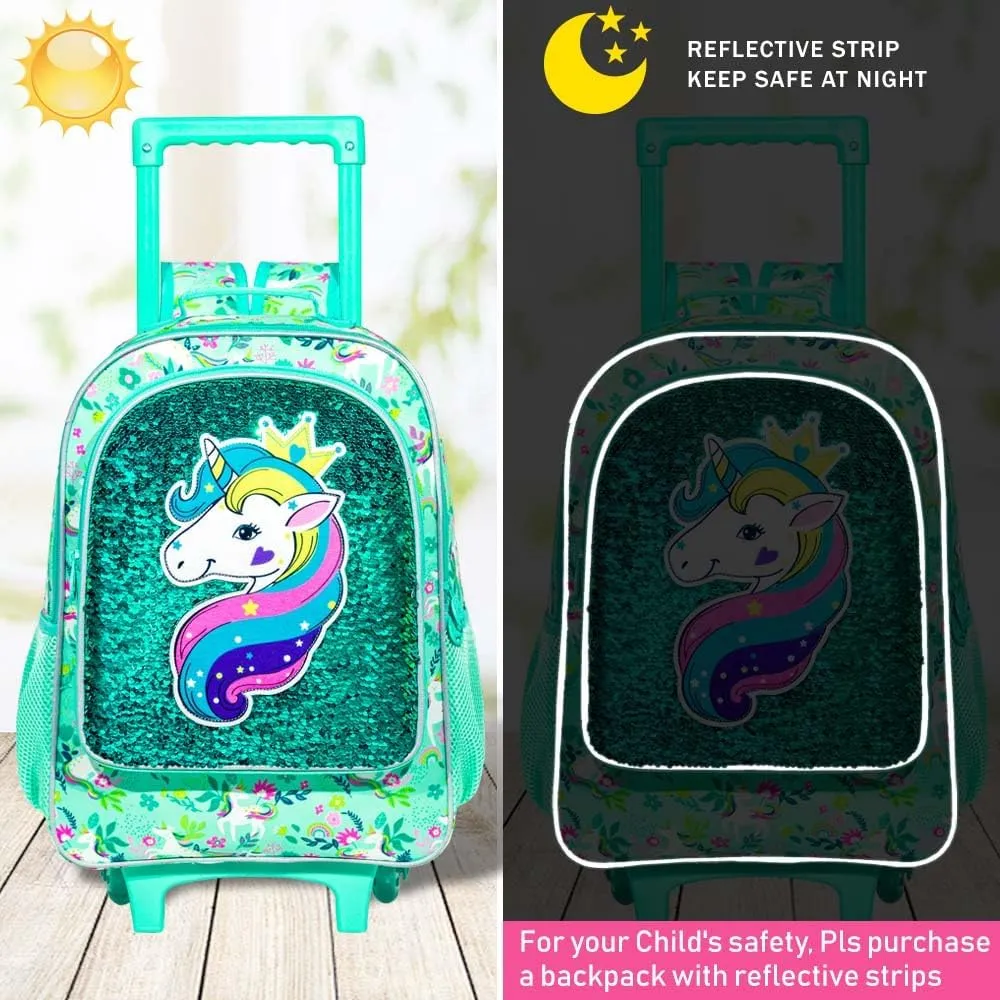 gxtvo Rolling Backpack for Girls, Kids Roller Wheels Bookbag - Roller Elementary Sequin School Bag - 3PCS Unicorn Green