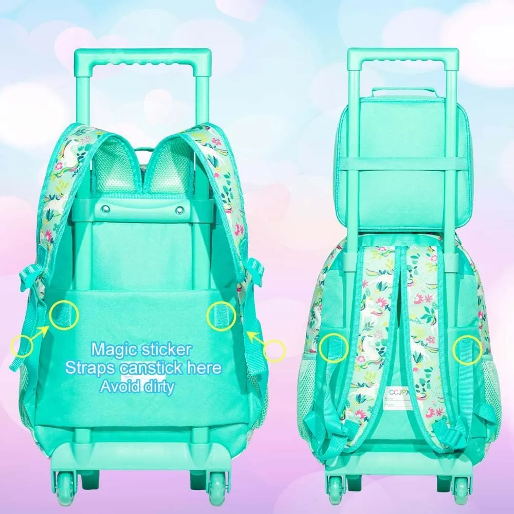gxtvo Rolling Backpack for Girls, Kids Roller Wheels Bookbag - Roller Elementary Sequin School Bag - 3PCS Unicorn Green