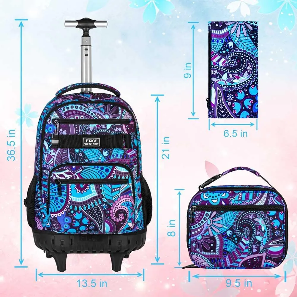 gxtvo Rolling Backpack for Womens and Mens, Adults Wheeled Bookbag with Lunch Box for Girls and Boys.