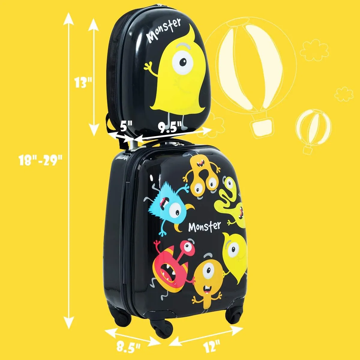 GYMAX Kids Carry On Luggage Set, 12" & 16" 2PCS Rolling Suitcase