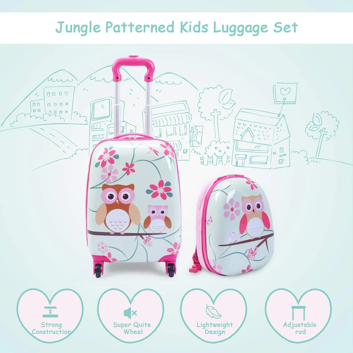 GYMAX Kids Carry On Luggage Set, 12" & 16" 2PCS Rolling Suitcase