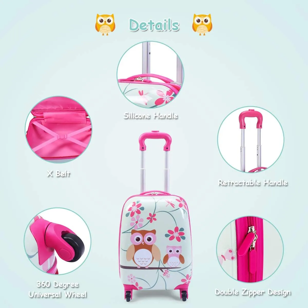 GYMAX Kids Carry On Luggage Set, 12" & 16" 2PCS Rolling Suitcase