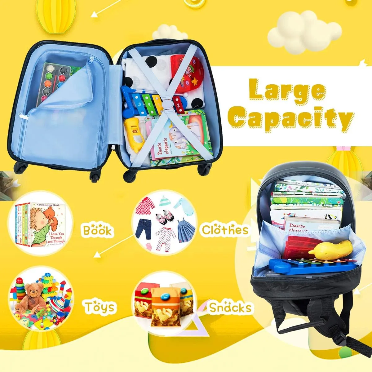 GYMAX Kids Carry On Luggage Set, 12" & 16" 2PCS Rolling Suitcase