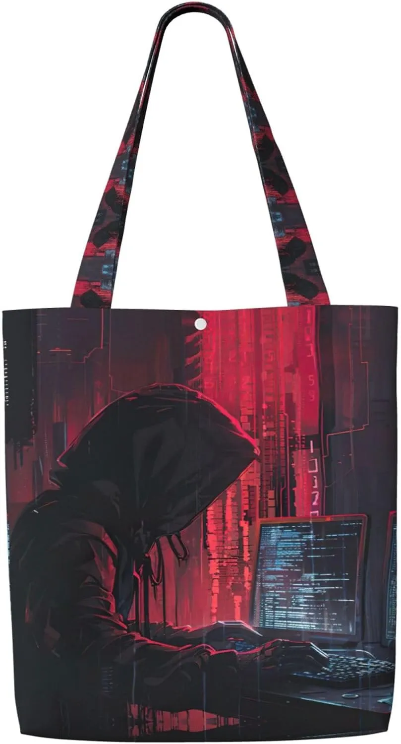 Hacker Attack Print Reusable Grocery Bags,Polyester Tote Bag,Casual Handbags,Practical Foldable Shopping Bag.