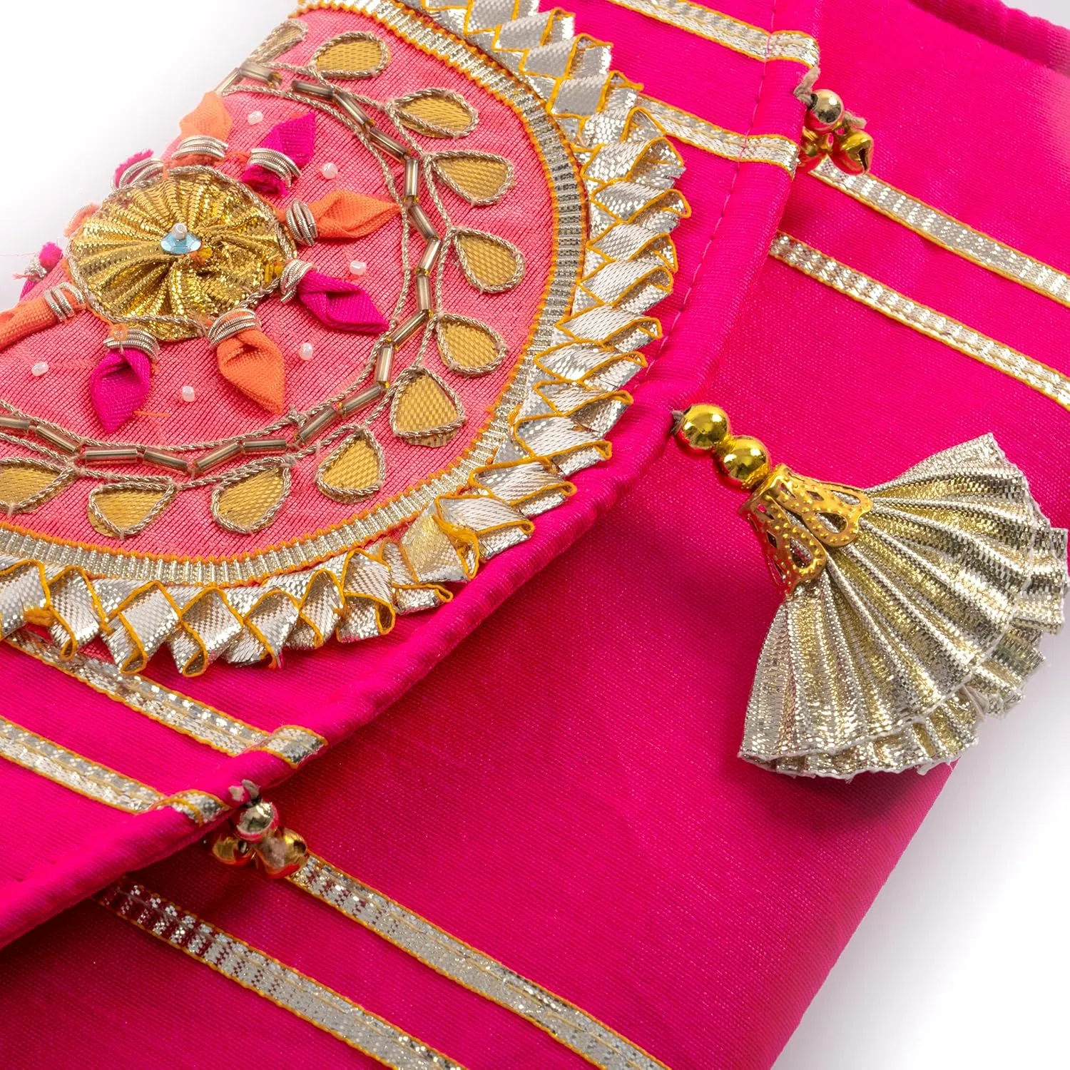 Handmade Gota Pati work Purse Wallet Batawa Clutch Hand Stitched Traditional Ethnic Golden Work Wedding Envelope for Girls Women for Party Wedding Special Occasion and Gifting (Pink - 8.5"x5")