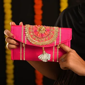Handmade Gota Pati work Purse Wallet Batawa Clutch Hand Stitched Traditional Ethnic Golden Work Wedding Envelope for Girls Women for Party Wedding Special Occasion and Gifting (Pink - 8.5"x5")
